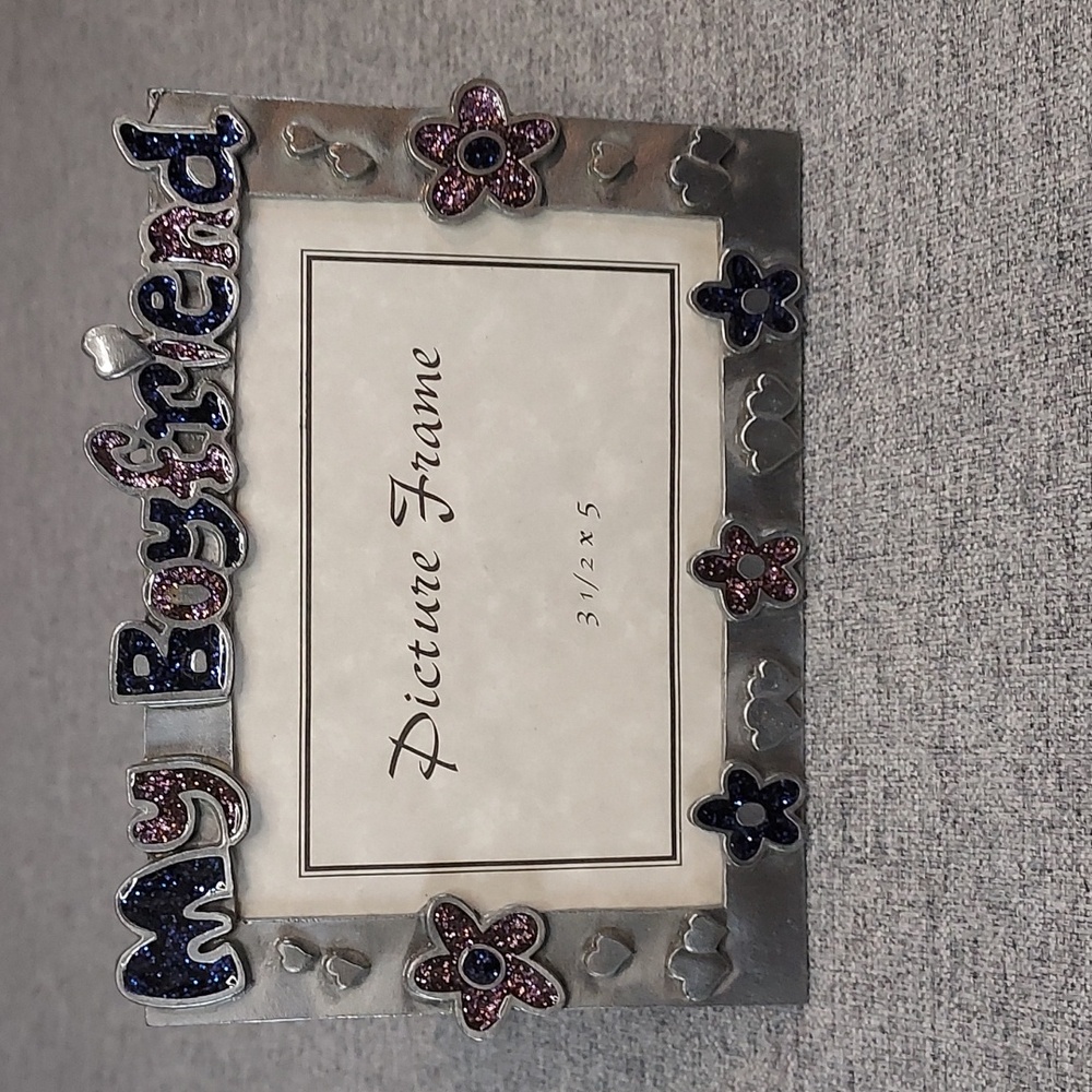 Vintage Y2K Pewter My Boyfriend Blue Purple Glitter Flowers 3.5x5 Photo Frame